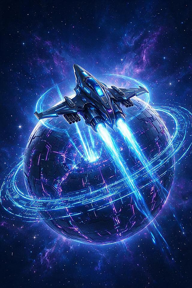 雷霆战机游戏背景，2:3 纵向构图，赛博朋克太空风格，画面中央上方一架未来科技战机飞越一颗巨大的机械行星，行星表面布满发光的电路纹和霓虹光环，深色宇宙背景中远处有星云和粒子光点，战机的引擎拖出蓝色能量尾焰，整体色调深蓝、紫色与亮蓝交织，高细节，科幻史诗氛围