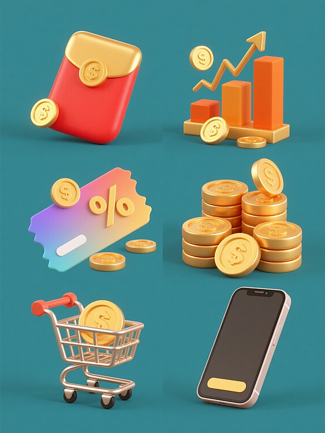 一套6张系列素材集合，保持简约现代3D立体风格，每张均为纯色背景下规整排布的单一元素图案。第一张：红色立体红包与金色立体金币组合，红包有折叠细节，金币带光泽感；第二张：橙色柱状数据图表与金色立体金币组合，图表有向上箭头和高光，金币散落；第三张：彩色优惠券（可含折扣符号）与金色立体金币组合，优惠券有锯齿边缘；第四张：多枚堆叠的金色立体金币，有前后层次感和金属反光；第五张：简约购物车图标与金色立体金币组合，购物车为金属质感；第六张：智能手机图标与金色立体金币组合，手机屏幕可带简单界面示意。所有元素均采用光滑渐变材质，边缘清晰，带有柔和阴影和高光，保持统一的暖色调金色系为主，辅以少量点缀色，整体造型简洁几何化，信息传达直观高效。