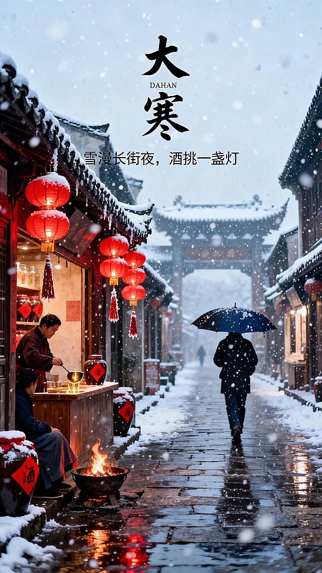 水墨风与胶片质感交织，古典街巷雪落无声，红灯笼映照暖意，大字风题字点睛，静谧温馨中透出浓郁中式复古意境。