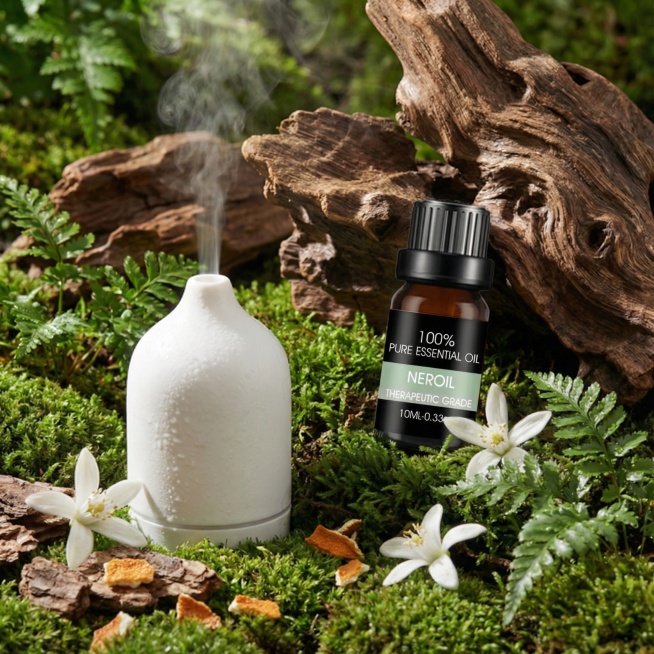将图1中的精油瓶替换为图2的橙花精油瓶，并将乳香原料替换为橙花，生成后的图片要保持图1的自然氛围和光影效果，图片比例要1:1预览效果