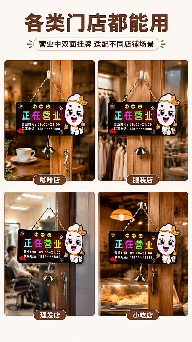 [第5屏] 多场景使用展示，营业中双面挂牌适配不同店铺场景。本屏使用【图1】作为商品主体。
[氛围/风格] 多场景拼图，生活化真实氛围感，接地气简约风格。
[元素布局] 页面分为上下两部分，上半部分左右两格分别展示咖啡店和服装店场景，下半部分左右两格分别展示理发店和小吃店场景；每格都展示挂牌挂在门上的效果，保留挂牌原有设计、卡通图案和木质颜色，场景背景简洁突出产品。
[光影质感] 每个场景都使用柔和自然光，挂牌清晰突出，背景自然过渡。
[配色色系] 全局底色 #F8F5F0，主色原木棕，每个场景搭配浅淡的环境色，整体协调舒服。
[视角构图] 2×2四宫格拼图，每个场景占比均等，阅读从上到下从左到右。
[文字版式] 顶部大标题「各类门店都能用」，每个场景下方标注简短场景名，文字大小适中，不遮挡挂牌主体，移动端清晰可读。
[比例分辨率] 9:16 竖版比例，4K分辨率，文字清晰可辨，高清画质。
[负向提示词] 产品变形，颜色偏差，场景杂乱拥挤，文字过小模糊，水印，违规内容，平台Logo