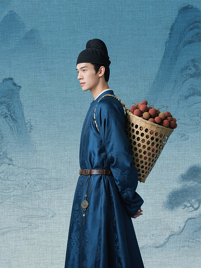 人物身穿唐代深蓝色圆领袍，衣服上压同色丝绸暗纹，头戴黑色幞头，腰系革带配挂饰，身后背着一个装满荔枝的大竹筐，侧身站着，古风影视海报质感，靛青色渐变背景，水墨山水云纹，浓郁的盛唐气息