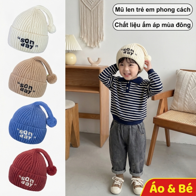 生成800x800像素1:1比例的儿童针织字母帽主图（适配越南Shopee平台）：
1. 主体呈现：展示图中多色（米白/浅棕/蓝/红）针织帽，突出“son day”字母刺绣、长尾+毛球装饰，还原针织纹预览效果