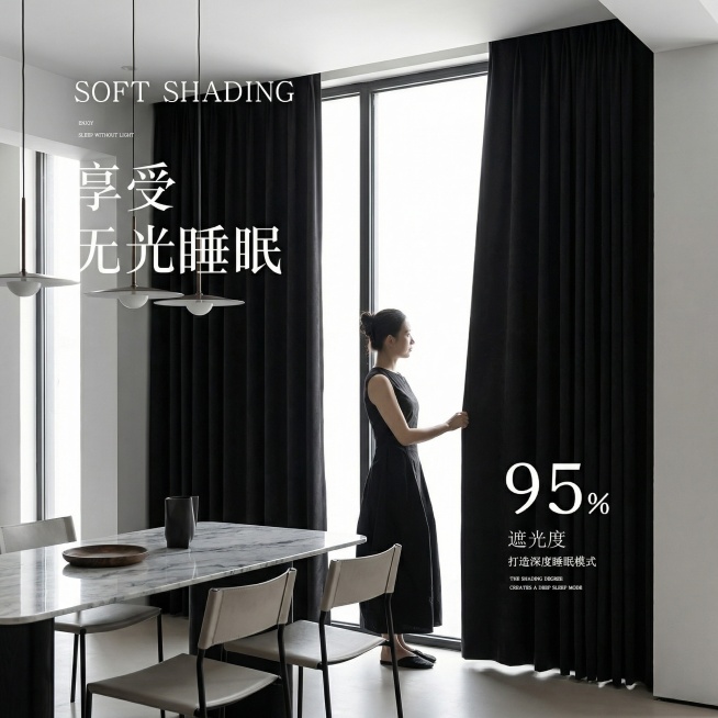 不改变窗帘的面料材质，切换不同的家装场景（最好是现代风极简风），改变角度，保留文字，一次生成4张；预览效果