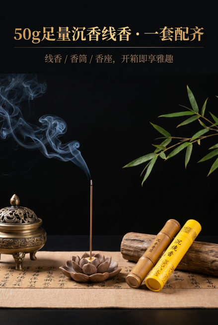2:3竖版构图，深黑背景铺陈浅棕色古卷纹棉麻垫，左侧放置青铜博山炉，中间是莲花造型陶瓷香座插着点燃的沉香线香，淡蓝烟雾向左上方舒展；右侧依次排列两支装线香的竹纹香管与一支明黄色烫金纹香筒，香筒旁斜放一预览效果