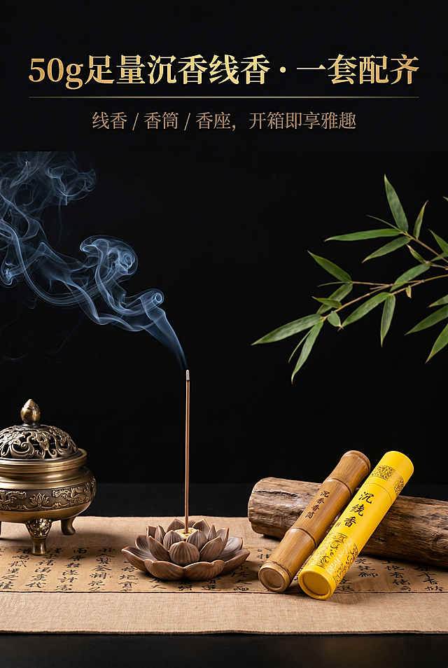 2:3竖版构图，深黑背景铺陈浅棕色古卷纹棉麻垫，左侧放置青铜博山炉，中间是莲花造型陶瓷香座插着点燃的沉香线香，淡蓝烟雾向左上方舒展；右侧依次排列两支装线香的竹纹香管与一支明黄色烫金纹香筒，香筒旁斜放一段天然沉香原木，竹枝从画面右侧探入，顶侧柔光让纹理清晰呈现，画面上方放置文字：主标题"50g 足量沉香线香・一套配齐"，副标题"线香 / 香筒 / 香座，开箱即享雅趣"，主标题为烫金宋体，副标题为深棕细体，文字下方一条细金线分隔，主体元素从左到右错落排列，左静右动布局平衡重心，东方美学黑棕金色调