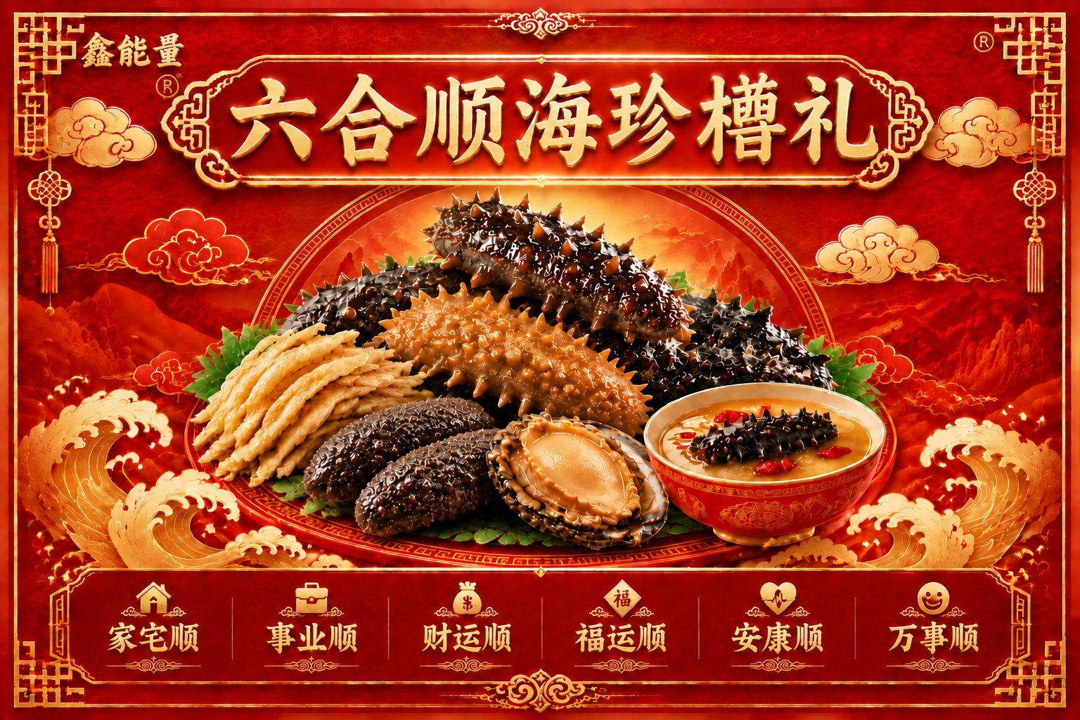 只将顶部居中的标题文字"六合顺海参礼盒"替换为"六合顺海珍樽礼… - 图片创意预览