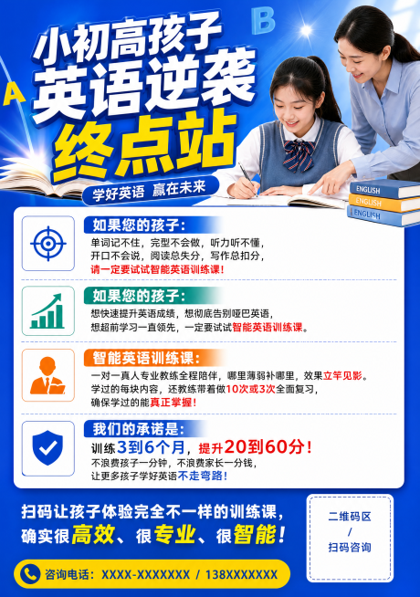 教育培训招生海报，主标题："小初高孩子英语逆袭终点站"，文案内容：如果您的孩子：单词记不住，完型不会做，听力听不懂，开口不会说，阅读总失分，写作总扣分，请一定要试试智能英语训练课！如果您的孩子：想快速预览效果
