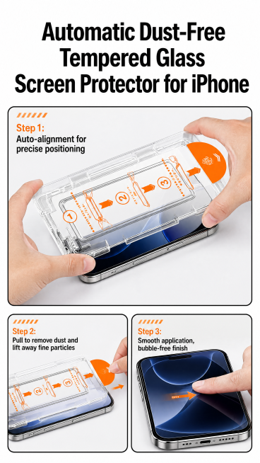 [Screen 1] Automatic Dust-Free Tempered Glass Screen Protector for iPhone main header. Keep product预览效果
