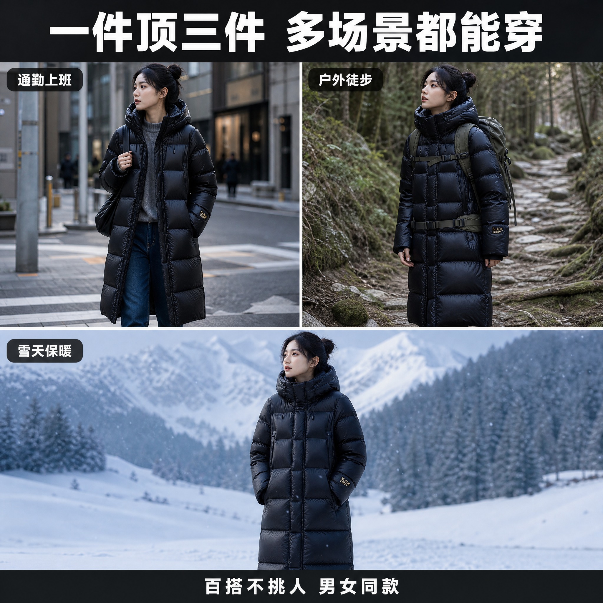 [主图-3] 多场景穿搭展示图，主题为一件羽绒服多场景穿着，突… - 图片创意预览