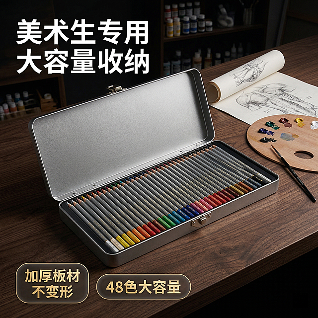 2. **[主图 2：大容量美术专业款场景]**：
[主图主题] 大容量款美术生专用马口铁铅笔盒
[氛围/风格] 专业质感高端风格，光影突出金属立体感
[画面元素] 打开的马口铁铅笔盒放置在深色木质画室工作台上，铅笔盒内整齐排列着48支专业水彩笔，突出超大收纳容量，旁边放着一张手绘稿和木质调色盘，整体展示专业美术使用场景。产品外观和形状必须与原图保持100%一致
[配色色系] 主色调：深灰木质、金属银灰；辅助色：金色点缀，黑色背景突出产品
[视角构图] 俯视角度，景深适中，产品和收纳内容占据画面主体
[文字版式] 主标题 "美术生专用 大容量收纳"，左上角悬浮文字，字体为粗体无衬线，字色为白色。卖点标签 "加厚板材 不变形"，"48色大容量"，悬浮在画面左下角，金色文字，深色半透明胶囊背景。文字不遮挡产品主体，构图平衡。
[比例分辨率] 2048px × 2048px，1:1，2k分辨率
