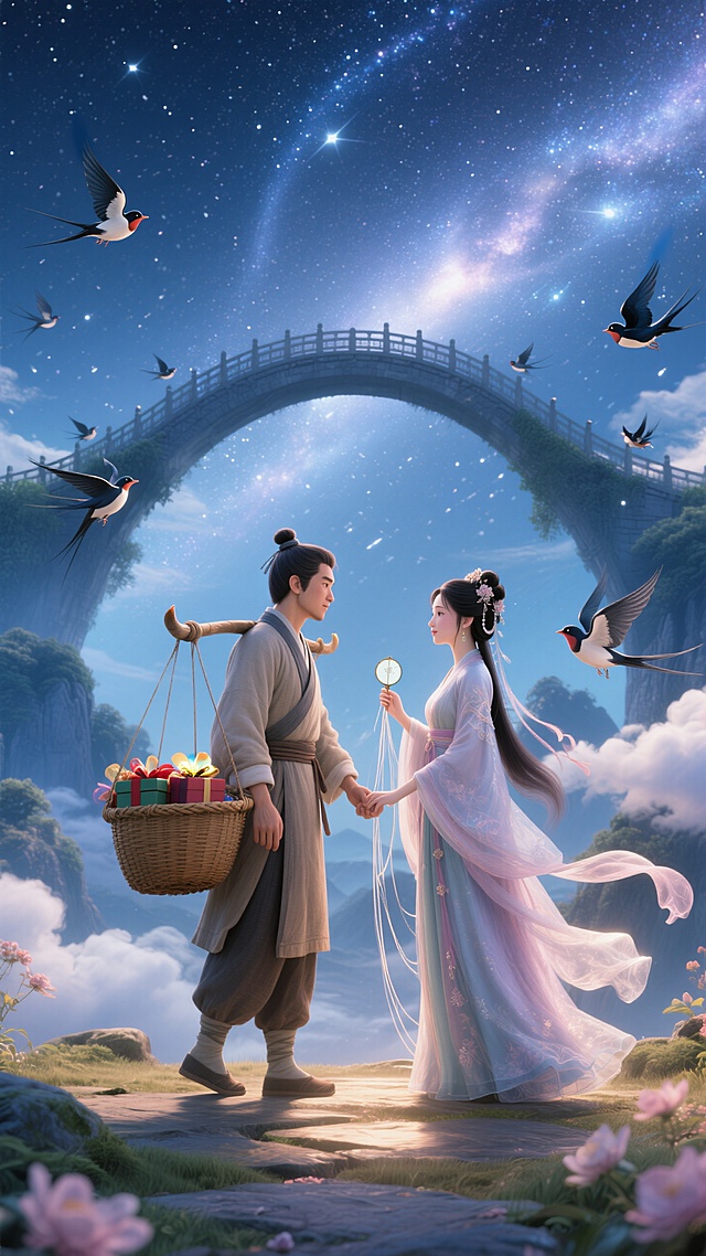 梦幻古典插画风，情侣在星空下相依，超现实桥景，浪漫七夕氛围。