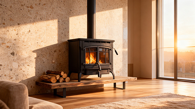 保留原图中现代哑光黑立式木柴壁炉的全部外观细节，将其放置在充满现代、温馨且奢侈生活气息的豪宅客厅中央。背景为温暖的柔光水磨石墙面和浅色橡木地板，无其他展厅杂物。壁炉内部燃烧着旺盛真实的火焰，旁边整齐堆放几根原木木柴。画面角落露出高端亚麻沙发的一角和昂贵的进口羊毛地毯。温暖的金色午后阳光从巨大的落地窗洒入，在壁炉表面和地板上形成迷人光影。整体风格现代极简、温馨富有生活格调，细节极其丰富，照片级真实，8k画质