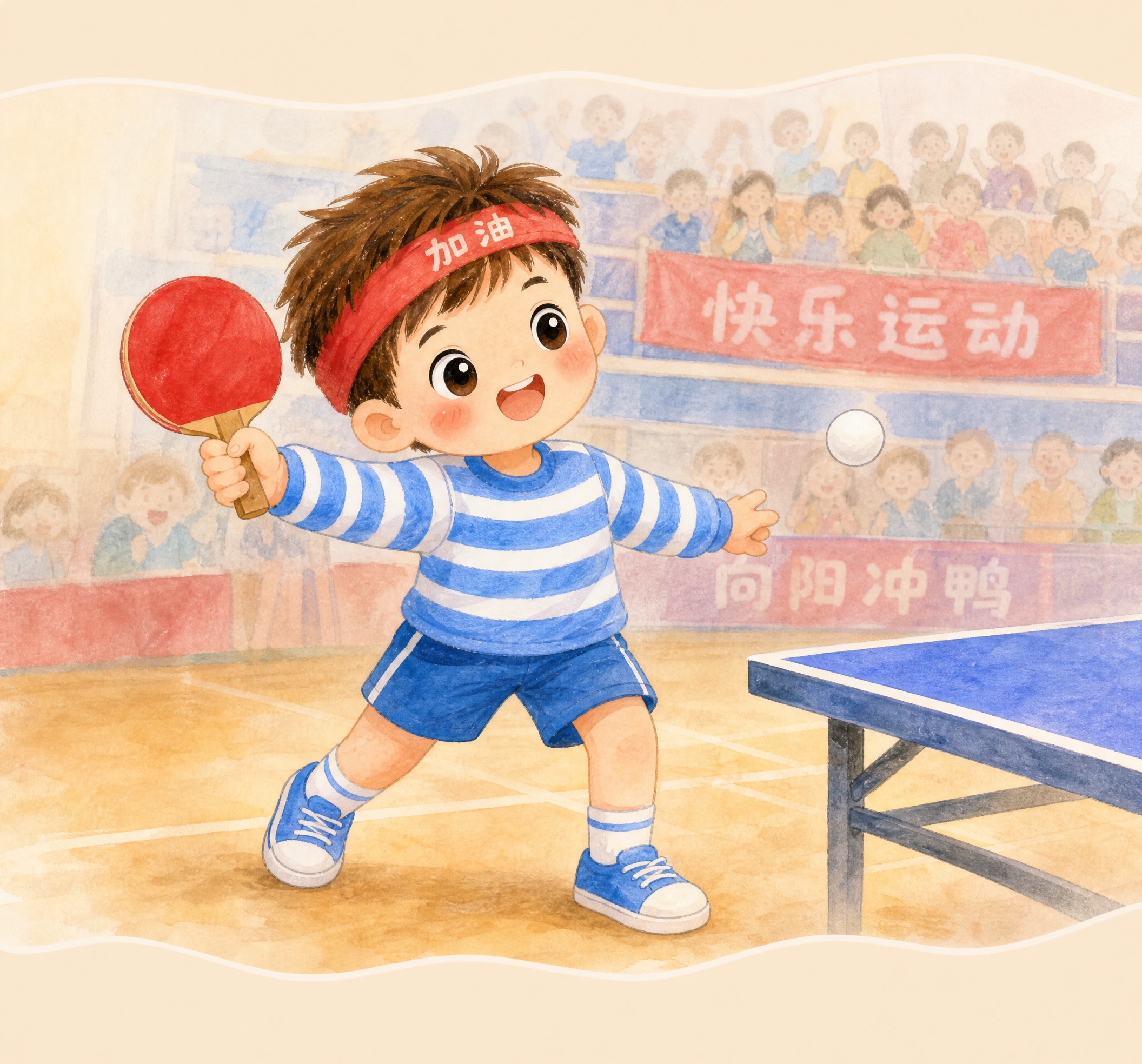 儿童手绘水彩插画风格，运动打卡乒乓球场景模块，竖版。浅米色背景… - 图片创意预览