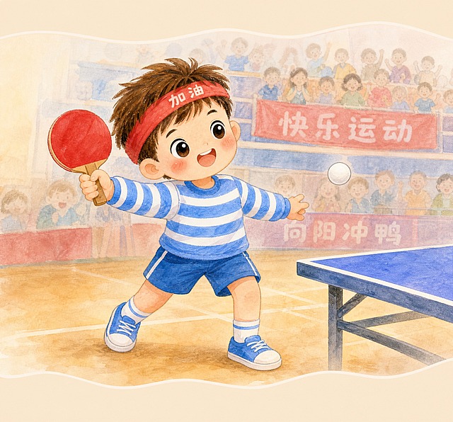 儿童手绘水彩插画风格，运动打卡乒乓球场景模块，竖版。浅米色背景，上下波浪形边缘。画面中间是一个可爱的小男孩，戴红色运动头带，穿蓝白条纹上衣和蓝色短裤，手里举着红色乒乓球拍，正在打乒乓球，表情专注又开心。右侧是蓝色乒乓球桌的一角，背景是模糊的运动场馆和观众席。整体充满活力，萌系可爱，暖色调。