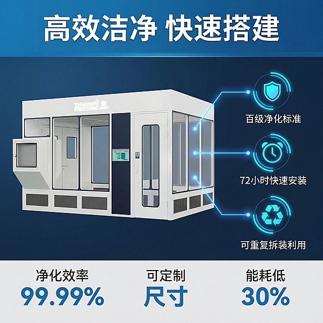模块化洁净室卖点详情图，三分区布局。顶部20%标题区，科技蓝渐变背景，白色粗体主标题「高效洁净 快速搭建」，字号醒目。中部60%主体区，左侧放置模块化洁净室产品图，右侧搭配可视化卖点图标：分别是盾牌图标对应「百级净化标准」、时钟图标对应「72小时快速安装」、回收图标对应「可重复拆装利用」，图标用荧光蓝点缀，和产品之间用蓝色光效线条连接。底部20%参数区，浅灰色通栏，放大加粗展示核心参数：「净化效率99.99%」「可定制尺寸」「能耗低30%」，数字用科技蓝色突出，提升视觉辨识度。整体风格专业严谨，配色和主图统一，1:1比例800×800像素