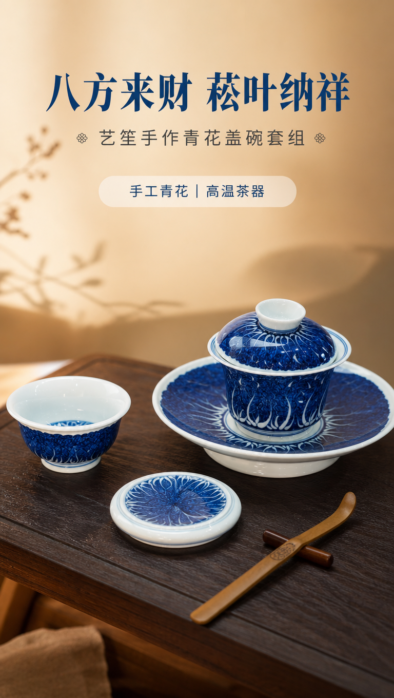 [商品] 使用【图1】青花盖碗套组四件，保留蓝白青花配色、菘叶… - 图片创意预览