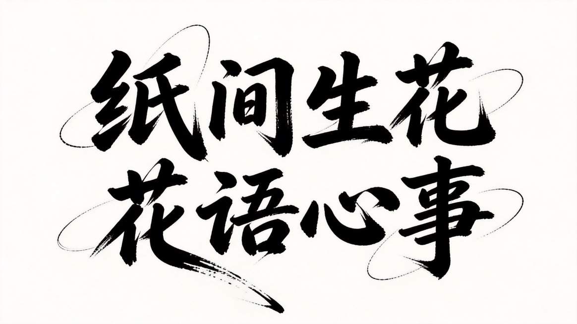 干净的纯白色背景。平面艺术字体设计，八个字主体文字“纸间生花 花语心事”，所有文字单行横向排列，粗壮毛笔书法笔画，带有飞白枯笔效果，主笔画厚重，长笔画拉伸带出飘逸飞白拖尾，首尾添加环绕曲线笔刷装饰，纯预览效果