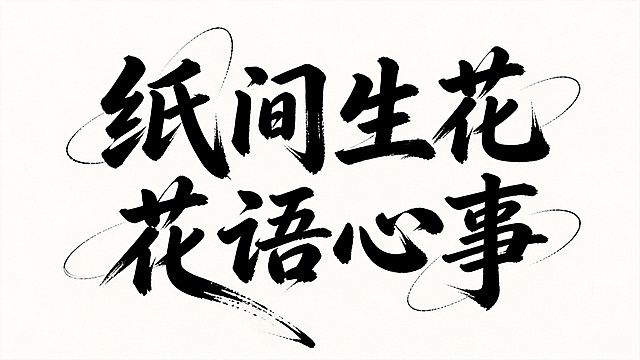 干净的纯白色背景。平面艺术字体设计，八个字主体文字“纸间生花 花语心事”，所有文字单行横向排列，粗壮毛笔书法笔画，带有飞白枯笔效果，主笔画厚重，长笔画拉伸带出飘逸飞白拖尾，首尾添加环绕曲线笔刷装饰，纯黑色字体，整体风格和参考图保持一致。仅包含八个字："纸"、"间"、"生"、"花"、"花"、"语"、"心"、"事"，不得增加、遗漏或替换任何一个字。比例16:9。