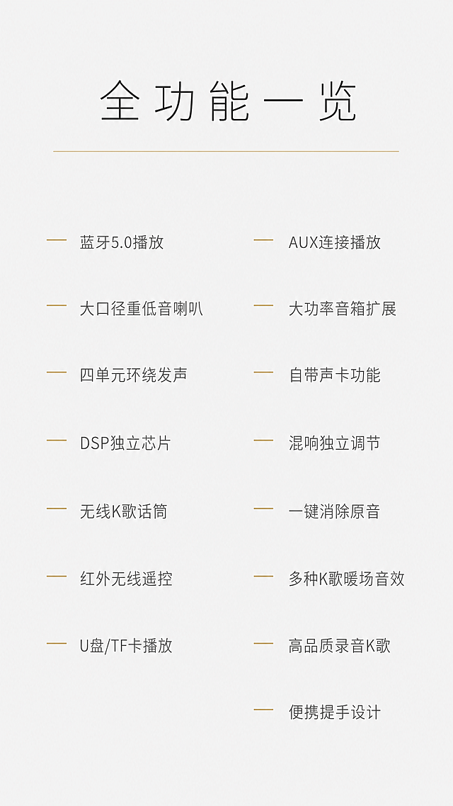 [商品] 使用【图5】功能矩阵15项；保留功能内容，极简重排。
[画面] 目标：§8功能总览，简约高级排版。构图：顶部标题区，下方功能列表分两列纵向排列，左列7项，右列8项，每项前有极小的香槟金短横线。背景：纯净浅灰色，大面积留白。无卡片、无图标、无填充，纯文字排版。
[视觉] 套系策略：风格=极简轻奢高级排版设计；标题字=纤细优雅无衬线字体，字间距宽松；正文字=极简直白无衬线体；主色=高级灰（浅灰/中灰/深灰）；背景延展=纯净浅灰，哑光质感；强调色=香槟金，仅用于短横线引导符；标题色=炭黑色；正文色=中灰色；组件=无图标、无卡片、无框，纯文字+短横线；光影=纯平面，无阴影。
[文字] 顶部居中主标题："全功能一览"（炭黑色大字，字间距宽松）；下方极细香槟金线分隔。下方两列功能名，左对齐，每项前有香槟金短横线：蓝牙5.0播放、大口径重低音喇叭、四单元环绕发声、DSP独立芯片、无线K歌话筒、红外无线遥控、U盘/TF卡播放；右列：AUX连接播放、大功率音箱扩展、自带声卡功能、混响独立调节、一键消除原音、多种K歌暖场音效、高品质录音K歌、便携提手设计。文字均横排，行间距大，极简高级。
[规格] 图片比例9:16竖版，4K分辨率，负向提示：避免彩色图标、渐变背景、卡片、紫色、花哨装饰、文字过小、竖排文字、绝对化用语、廉价感。