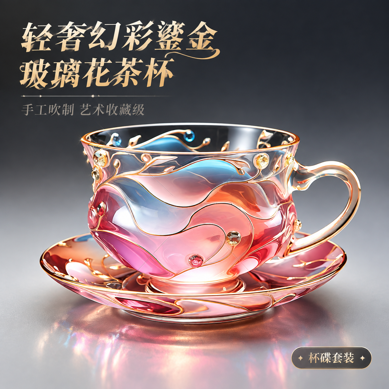 [主图-1] 首图产品识别与购买欲，展示轻奢幻彩鎏金玻璃花茶杯… - 图片创意预览
