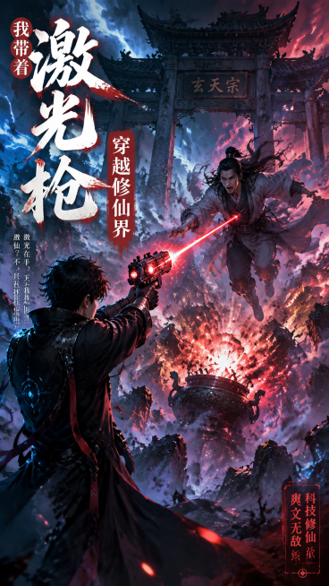小说封面，主题是"我带着激光枪穿越修仙界"，古丹炉爆炸场景，主角在烟雾中举着红色激光枪对准冲上来的古风修仙者，背景是破损的修真门派山门，红蓝撞色，爽文风格，科幻与修仙结合预览效果