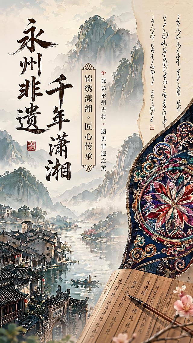 诗意新中式国风风格，9:16竖版永州非遗文旅宣传海报，1080×1920px，色调素雅温润，光影轻柔写意，画面虚实结合层次丰富。背景为云雾叠嶂的潇湘群山、悠悠奔流的湘江、青砖黛瓦千年古村落，复刻湘南古城古韵风光。画面核心主视觉为江永女书文字搭配精致瑶绣图腾，非遗元素精致立体细节饱满。主标题“永州非遗 千年潇湘”使用大气国风书法字体，副标题“锦绣潇湘 匠心传承”，辅助文案“探访永州古村 遇见非遗之美”，字体古风统一，排版疏密有致。整体画面干净高级，无水印无logo，文件≤8MB，高清JPG输出，RGB色彩模式。深度展现永州千年文脉、非遗传承与潇湘人文特色，兼具文化质感与文旅引流城市形象宣传属性，版式精美