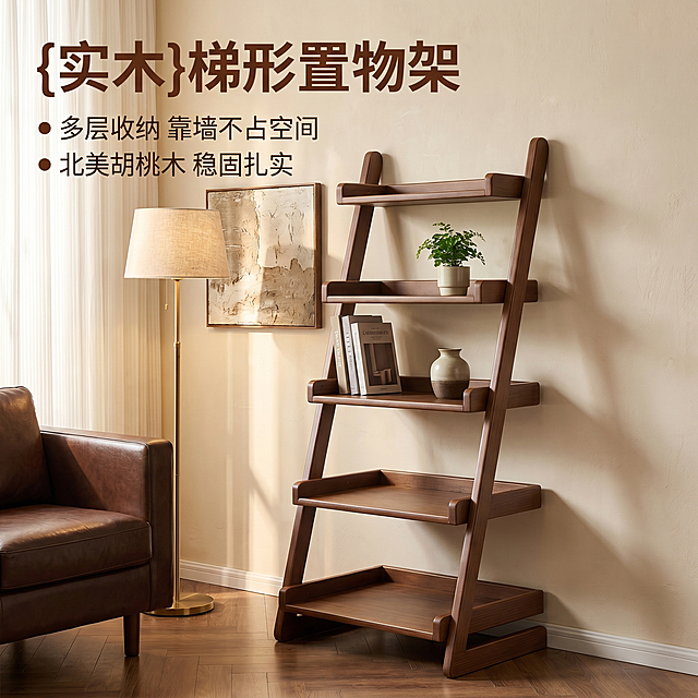 [主图 1] 胡桃木梯形靠墙多层置物架轻奢中古风空间场景首图。[氛围风格] 温馨轻奢中古家居风，真实空间沉浸感；[画质] 商业摄影质感、光线柔和通透、产品清晰真实、画面干净高级；[元素] 梯形实木置物架居中展示，保持产品原有胡桃木颜色、实木纹理和梯形多层物理结构与原图绝对一致，杜绝任何变形色差，商品主体占比65%左右，置物架斜靠浅米色艺术涂料墙面，脚下是复古鱼骨拼胡桃木地板。左侧搭配深棕色真皮单人沙发，后方放置一盏黄铜杆亚麻灯罩落地灯，墙面挂一幅复古抽象肌理装饰画，置物架层板上摆放一本精装书、一株小绿植、一个陶瓷花瓶，软装搭配丰富不抢主体，画面满屏无边框。[光影] 午后南向自然光经纱帘柔化，暖调主光从左侧照射，在墙面和地板形成自然慵懒光斑，实木纹理呈现温润漫反射，光影层次丰富，高光不溢，暗部通透。[配色] 主色调胡桃木棕，辅色深棕真皮黑、黄铜金、米白墙，整体暖调温馨高级。[视角构图] 正面45°平视，景深适中，产品轮廓完整不裁切；[文字版式] 左上负空间左对齐留安全边距，大字主文案写“{实木}梯形置物架”，深棕色粗体无衬线；下方辅助文案用圆点列表：“● 多层收纳 靠墙不占空间”“● 北美胡桃木 稳固扎实”，文字不遮挡产品主体。[比例分辨率] 1:1 比例，2k 分辨率，文字清晰锐利，超高清。[负向提示词] 变形，水印，文字错乱，产品模糊，背景杂乱，色差，结构扭曲。