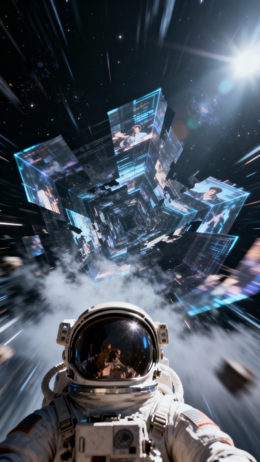 宇航员第一视角，仿佛闯入《星际穿越》的五维时空。宇宙重维交错，暗黑背景中突然迸发高曝光的光流，动态模糊与边缘弥散营造出穿越的急速感。全息摄影般的超距透视，多重影象叠加突然失焦，漏光增强如梦境撕裂，强阴预览效果