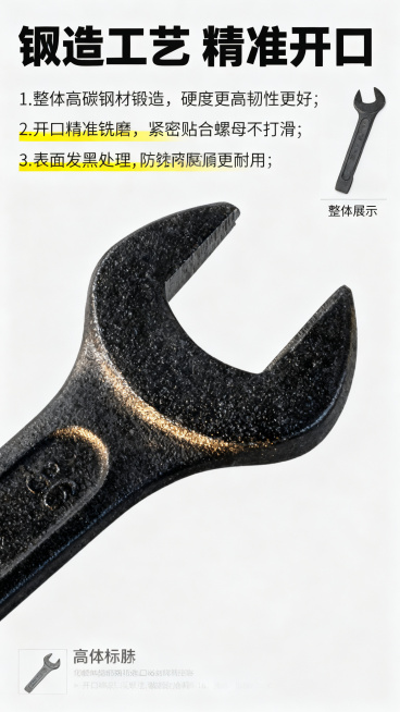 [第3屏] 产品细节展示-青海湖敲击开口扳手材质工艺解析
[氛围/风格] 细节特写，真实质感，工业风，清晰突出细节优势
[元素布局] 本屏使用【图1】做局部细节放大特写，特写展示开口钳口区域。保持开口预览效果