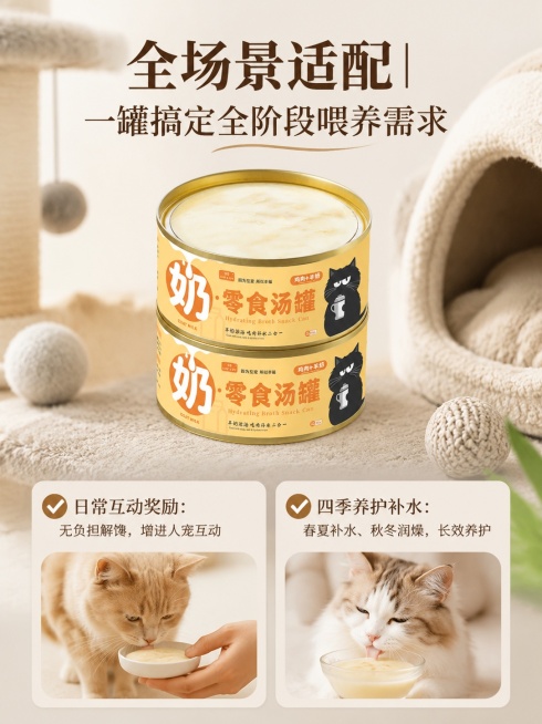 [第8屏] 全场景适配页，展示羊奶浓汤猫罐适配全阶段全场景喂养需求。本屏使用【图1】作为商品主体。
[氛围/风格] 温馨生活化宠物场景风格，自然治愈暖调氛围。
[元素布局] 背景浅灰色猫爬架宠物窝场景预览效果