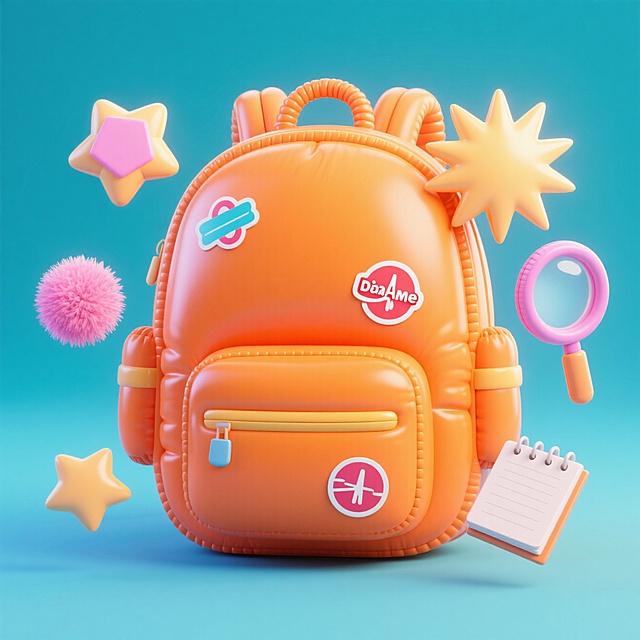 主视觉组合聚拢（微缩元素组合：橙色书包为主体，四周装饰爆炸六角星，四角形，放大镜，粉色毛球，笔记本，多巴胺贴纸贴在书包上）