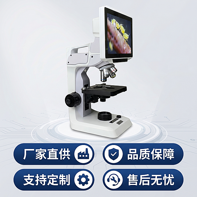 [主图 5] 数码液晶显微镜售后保障主图；
[氛围风格] 专业稳重，可靠可信；
[画质] 商业摄影质感、光线柔和通透、产品清晰真实、画面干净高级；
[元素] 显微镜产品主体放置在画面上半部分，保持外观结构材质颜色与原图完全一致，主体占比约40%；下半部分采用矩阵方式展示售后与认证信息，分为四个圆角胶囊模块：「厂家直供」「品质保障」「支持定制」「售后无忧」，每个模块配简洁图标；背景为浅灰渐变科技背景，整体风格统一干净；
[光影] 整体布光均匀柔和，产品主体光影清晰，模块区域明暗舒适，整体层次分明；
[配色] 浅灰渐变背景，深蓝色胶囊模块配白色文字，产品本身自然配色，对比清晰协调；
[视角构图] 上下构图，1:1满版无边框，布局均衡舒适；
[文字版式] 每个胶囊模块文字居中加粗，清晰易读，不遮挡产品主体；
[比例分辨率] 1:1 比例，2k 分辨率，文字清晰可辨，超高清；
[负向提示词] 变形，水印，文字错乱，产品图模糊，背景杂乱，遮挡主体，模块拥挤，文字重叠