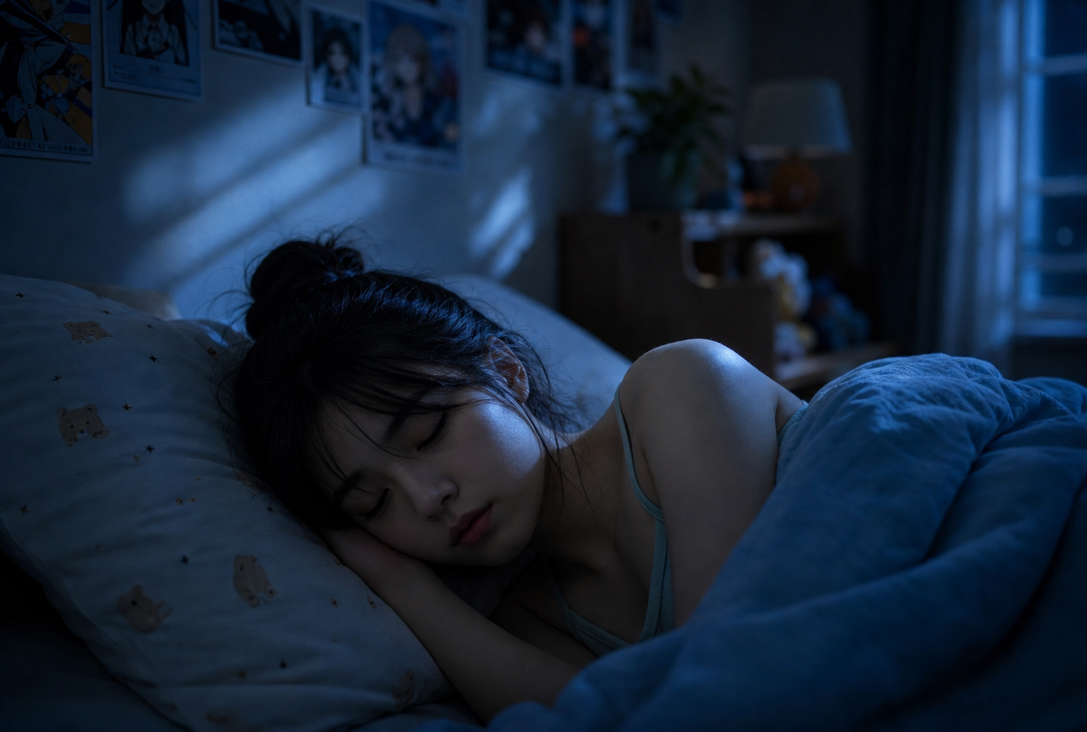 电影感近景镜头，年轻女生侧躺在床上熟睡，四分之三侧脸朝向镜头，… - 图片创意预览