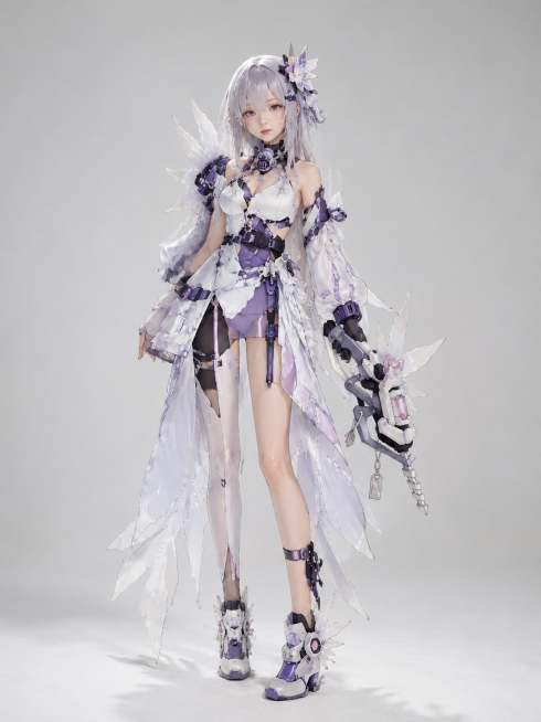参考第一张图片的写实机能风服饰拍摄风格，将这张二次元拟人服装设计图改成写实真实的服装服饰摄影图，保留紫白色花瓣海牛机甲服装设计的全部细节和造型，写实光影，影棚拍摄预览效果
