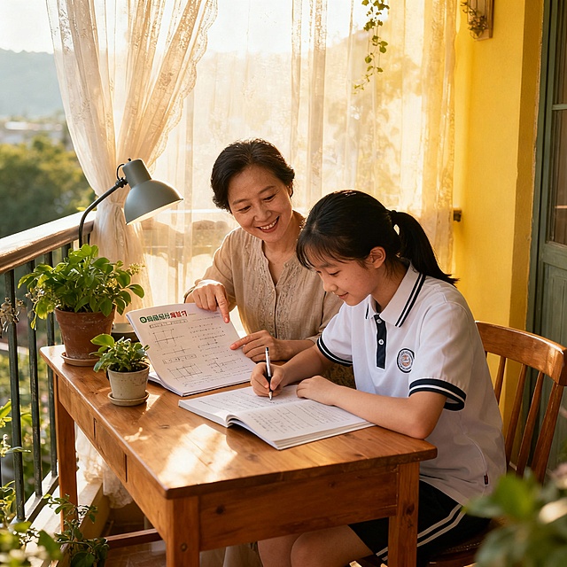 高中家长在辅导15岁的学生高中数学作业，孩子穿着校服，母子或母女，中国人面孔。帮我生成20张