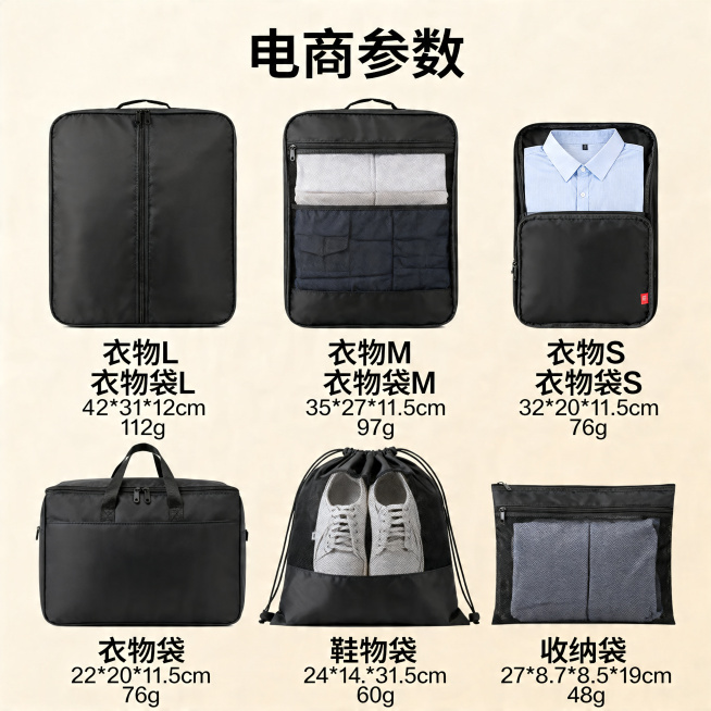 抖音商品详情页规格参数图，展示旅行收纳五件套各尺寸：衣物袋L 42*31*12cm 112g，衣物袋M 35*27*11.5cm 97g，衣物袋S 32*20*11.5cm 76g，鞋袋24*14*3预览效果