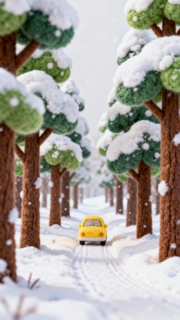 插画设计，毛绒质感，冬季雪景，被雪覆盖的树林间，一辆黄色小汽车驶向远方，所有元素均为毛茸茸的绒毛材质，白色的雪、棕色的树干、绿色的树叶覆雪、黄色的汽车，色彩柔和，细节丰富，背景简洁，营造出不可思议的毛预览效果