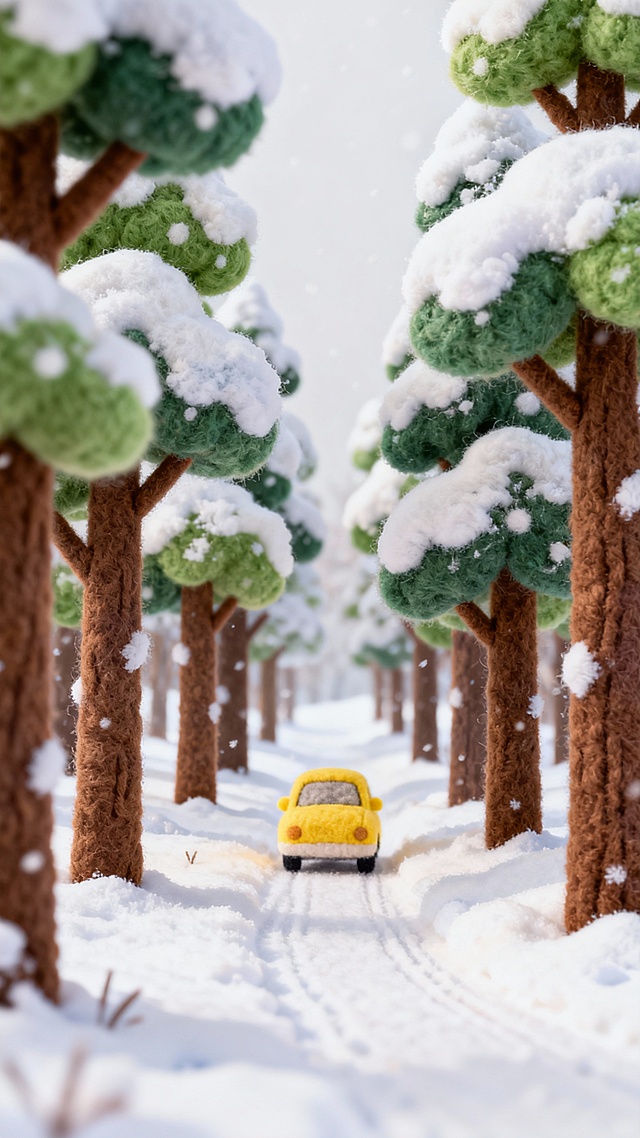 插画设计，毛绒质感，冬季雪景，被雪覆盖的树林间，一辆黄色小汽车驶向远方，所有元素均为毛茸茸的绒毛材质，白色的雪、棕色的树干、绿色的树叶覆雪、黄色的汽车，色彩柔和，细节丰富，背景简洁，营造出不可思议的毛绒绒艺术世界