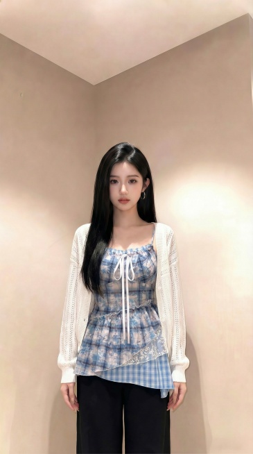 将图三的人物替换为图一的蓝格纹吊带、白色开衫和黑阔腿裤穿搭，调整为模特身材，真实自然，半身画面预览效果