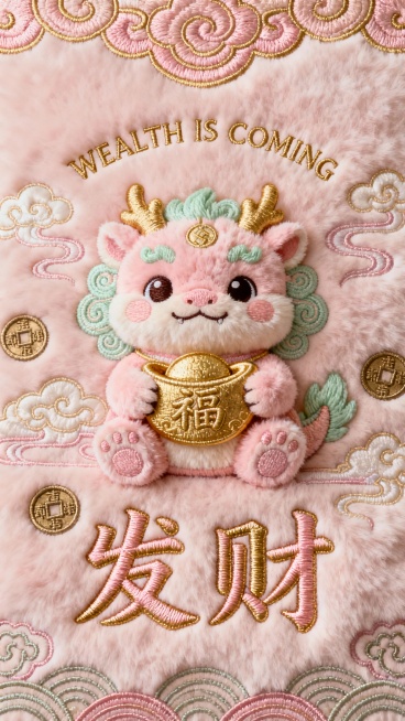 柔和粉金色毛绒背景，质感蓬松温暖，带高级东方温柔氛围；背景绣有细腻的祥云纹、古铜钱纹与如意纹，刺绣质感精致，层次温婉。画面顶部 1/4 带轻柔不抢眼的粉金绣花祥云纹装饰。画面中上位置加入精美绣花英文小预览效果