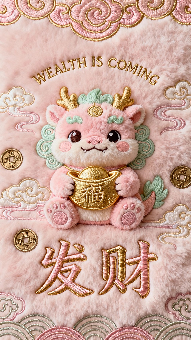 这款粉色系发财富气壁纸的创意来自甜柔与丰盛的结合，以绵软细腻的绒感作为背景，让好运像被温柔包裹般悄悄靠近。萌趣的小瑞兽怀抱“福”字金元宝，象征财富从心而生、喜悦随身而来；淡金祥云、铜钱与流动线条让画面在柔和中仍带吉庆能量。整体以粉金配色呈现温暖、治愈又不失高级的氛围，每一次亮屏都像轻轻许愿：人生不只要旺，还要旺得优雅，财不仅要来，还要来得刚刚好。