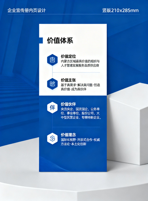 企业宣传册内页设计，尺寸210x285mm竖版，页面标题为价值体系，包含四个板块内容：价值定位文字“内蒙古区域最具价值的组织与人才管理发展服务品质供应商”，价值主张文字“基于真需求·解决真问题·创造真预览效果