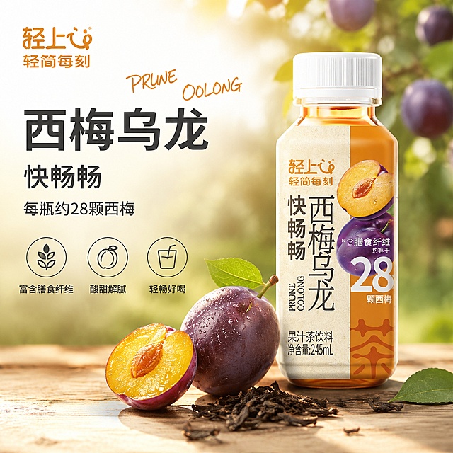 [单张主图] 轻上心西梅乌龙果汁茶饮料（单瓶装） 高级氛围感主图，仅保留瓶装产品，放置在画面右侧，突出产品天然原料与清爽口感。
[画面主体] 仅保留单瓶西梅乌龙饮料作为唯一产品主体，竖直放置在画面右侧，产品占画面约50%。保持瓶装产品外观、物理结构、材质质感、颜色与输入产品图绝对一致，杜绝任何变形和色差，精细化处理瓶身文字清晰可辨，品牌"轻上心"Logo保持字形、颜色和比例与原图完全一致。搭配道具为两颗新鲜西梅，一颗完整一颗对半切开，露出饱满多汁的果肉，放置在瓶子左前方，点缀乌龙茶茶叶，突出产品真实原料。
[构图版式] 采用左文右物场景型版式，左侧保留大面积留白放置文字信息，产品放大放置在右侧，产品放在浅木色台面承托，元素搭配天然相关，不遮挡主体。
[场景元素] 背景为浅雾虚化的西梅果园，自然干净，左侧留白区域放置文字，右下角浅木台承托产品和西梅，背景带自然暖阳逆光，浅景深虚化，画面空气感通透，天然氛围浓郁。
[文案版式] 左上留白区域，品牌"轻上心"放最顶部，左对齐。主标题："西梅乌龙" 粗黑大号字体；第二行："快畅畅" 中号字体；第三行："每瓶约28颗西梅" 小号字体。底部三个线稿圆形图标卖点：第一个图标搭配文字"富含膳食纤维"，第二个搭配文字"酸甜解腻"，第三个搭配文字"轻畅好喝"。文字全部放在左侧留白区域，完全不遮挡产品主体。
[光影质感] 自然暖阳逆光从背景果园方向照射，逆光勾勒瓶子和西梅轮廓，突出西梅果肉通透感与饮料色泽，正面柔光补光柔化阴影，整体通透不灰蒙，高光不溢，暗部有层次。浅景深效果，背景果园虚化，突出产品和西梅主体。商业摄影质感，光线柔和通透，产品清晰真实，画面干净高级。
[配色字体] 主色调为浅米白，提取产品包装的暖橙色和果紫色作为辅助强调色，低饱和清新自然配色。字体采用轻无衬线，字重克制，主标题最大，辅助文字依次缩小，左对齐分层清晰，主标题旁叠加暖橙色英文手写体"PRUNE OOLONG"作装饰。
[比例分辨率] 1:1 比例，2K分辨率，文字清晰可辨，超高清商业摄影质感。
[负向提示词] 变形，文字错乱，产品图模糊，背景杂乱，水印，电商平台Logo，错字，伪Logo，主体遮挡，包装盒，多瓶产品。