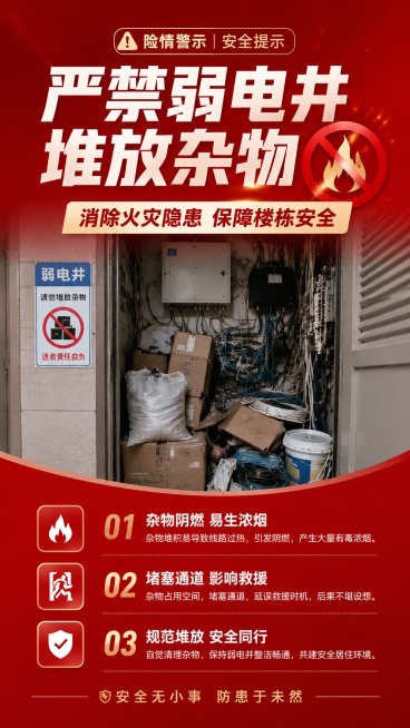安全警示宣传海报，正式严肃风格，写实商业摄影，清晰的图文排版。主标题"严禁弱电井堆放杂物"，副标题"消除火灾隐患 保障楼栋安全"，装饰文案"险情警示 | 安全提示"，卖点文案：1.杂物阴燃 易生浓烟预览效果