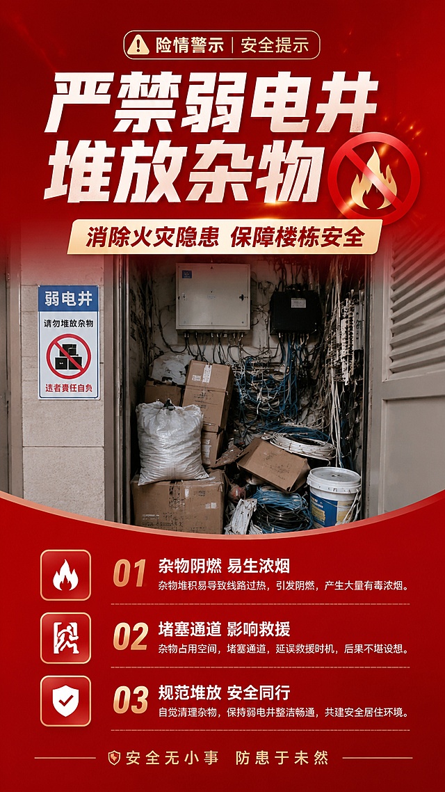安全警示宣传海报，正式严肃风格，写实商业摄影，清晰的图文排版。主标题"严禁弱电井堆放杂物"，副标题"消除火灾隐患 保障楼栋安全"，装饰文案"险情警示 | 安全提示"，卖点文案：1.杂物阴燃 易生浓烟 2.堵塞通道 影响救援 3.规范堆放 安全同行，背景使用干净的消防警示红渐变底色，搭配弱电井真实场景图片做底，排版精美，信息分区清晰，主标题醒目突出，所有文字清晰可读，整体正式规整，符合消防安全宣传风格