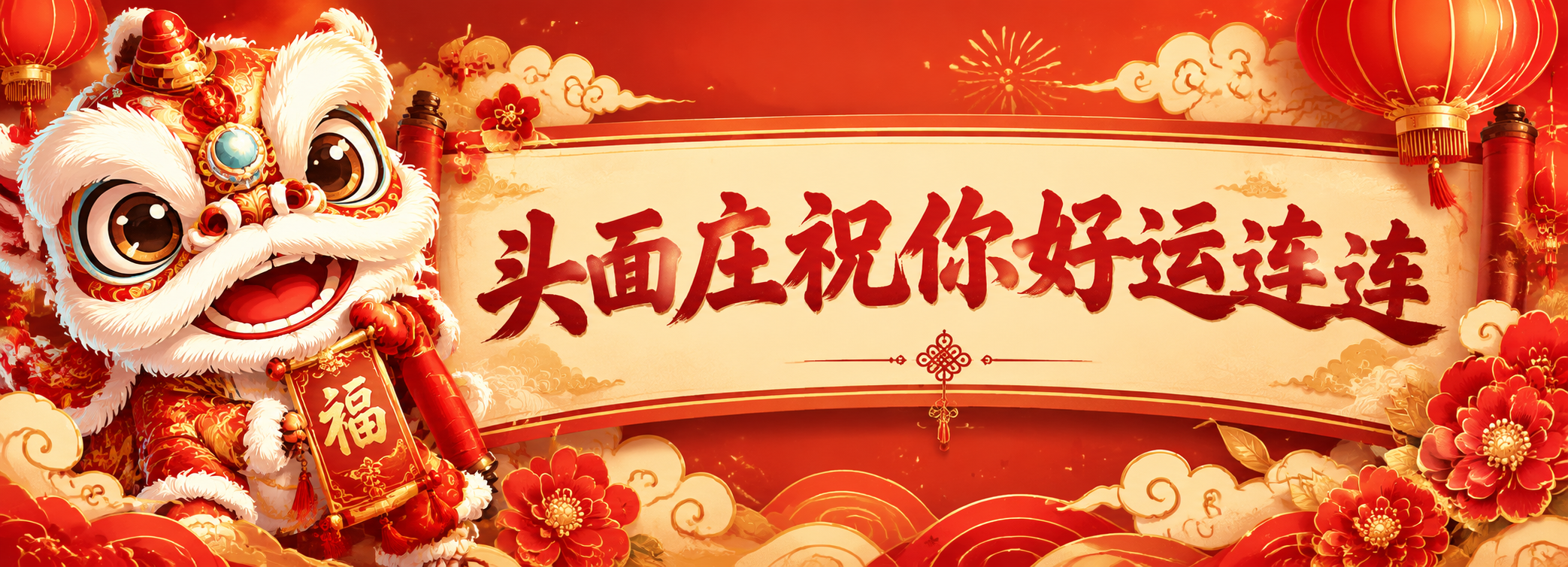 国潮新年横幅设计，70cm×24cm横版长条。左侧是可爱的醒狮… - 图片创意预览