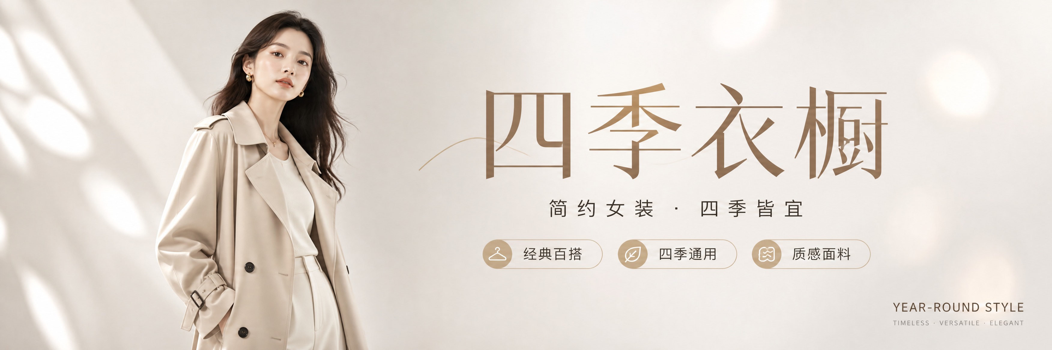 女装服饰品牌灯箱海报，简洁大气风格，四季通用调性。超宽横版构图… - 图片创意预览