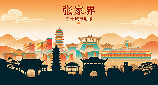 参考图片的城市地标建筑和国潮插画风格，重新制作成前后剪影对比的效果