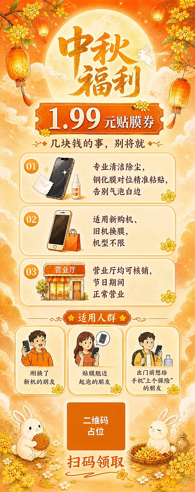 基于这张 9:16 暖调水彩中秋福利海报，将画幅继续拉长为 2:5 超长竖版长图海报，保留完全相同的暖调水彩国风插画风格（暖橙金渐变暮色、圆月、桂花、玉兔、孔明灯、祥云）与全部文案内容。长图版式自上而下流畅排布：顶部『中秋福利』主标题配圆月主视觉，下方『1.99 元贴膜券』醒目橙金优惠券横幅，标语『几块钱的事，别将就』；中部三项服务信息改为纵向三行整齐大卡片（01 专业清洁除尘，钢化膜对位精准粘贴，告别气泡白边；02 适用新购机、旧机换膜，机型不限；03 营业厅均可核销，节日期间正常营业），图标与文字对齐、行距舒适；下部『适用人群』区块三枚整齐标签（刚换了新机的朋友、贴膜翘边起泡的朋友、出门前想给手机“上个保险”的朋友）；底部二维码占位区域为居中大方块，旁注『扫码领取』；整体上下分区间距舒展、留白均匀、版式精美。画面中所有二维码区域使用纯色方块占位符呈现，方块中央标注“二维码占位”文字，严禁生成任何可识别的二维码图案。画面中必须完整呈现以下文字信息：『中秋福利』、『1.99 元贴膜券』、『几块钱的事，别将就』、『专业清洁除尘，钢化膜对位精准粘贴，告别气泡白边』、『适用新购机、旧机换膜，机型不限』、『营业厅均可核销，节日期间正常营业』、『刚换了新机的朋友』、『贴膜翘边起泡的朋友』、『出门前想给手机“上个保险”的朋友』。画面中所有数字必须精确渲染，不得出现错位、遗漏或编造的数字。画面中所有信息区域、套餐卡片、价格表格、权益列表、对比模块、福利条目等必须填充完整合理的内容，不得出现空白框、空白占位、横线待填写区域、空列表项、空单元格；确保是完整可用的成品海报而非待填写模板。
